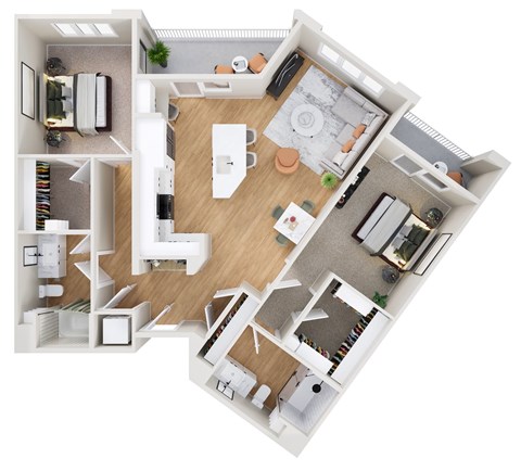 A top-down view of a house layout with a kitchen, living room, and bedrooms.